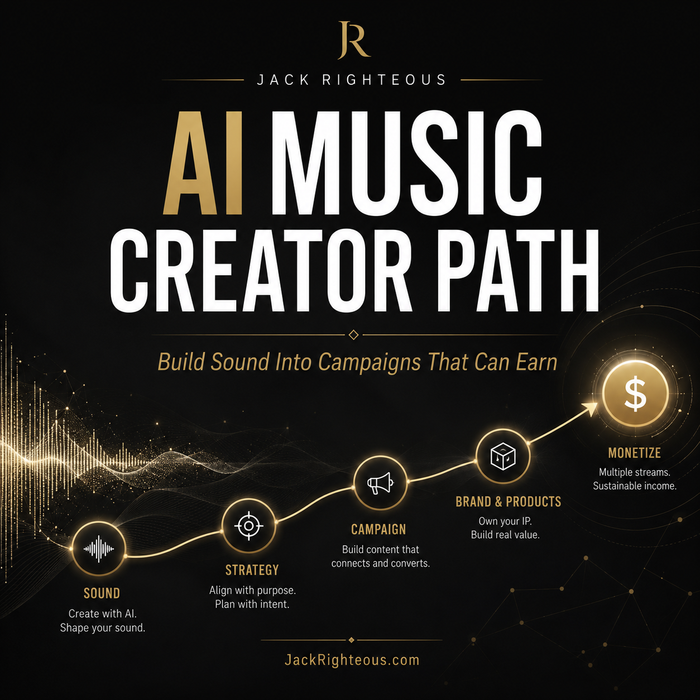 AI Music Creator Path showing the progression from sound and identity through brand, release systems and monetization