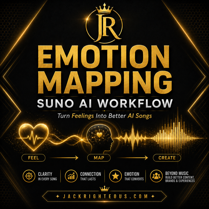Promotional graphic for 'Emotion Mapping Suno AI Workflow' with gold text and design elements on a dark background.