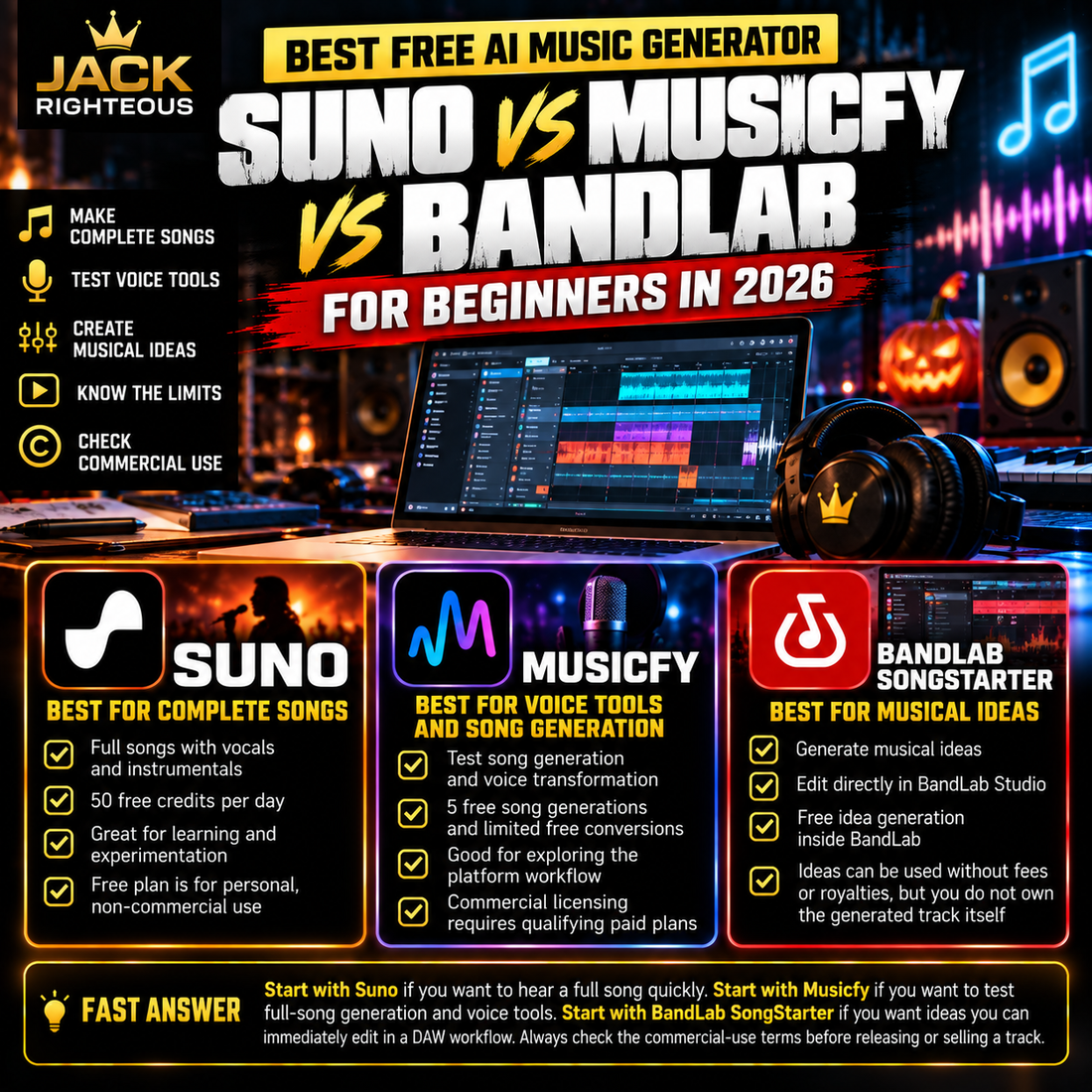 Best Free AI Music Generator in 2026? Suno vs Musicfy vs BandLab for Beginners