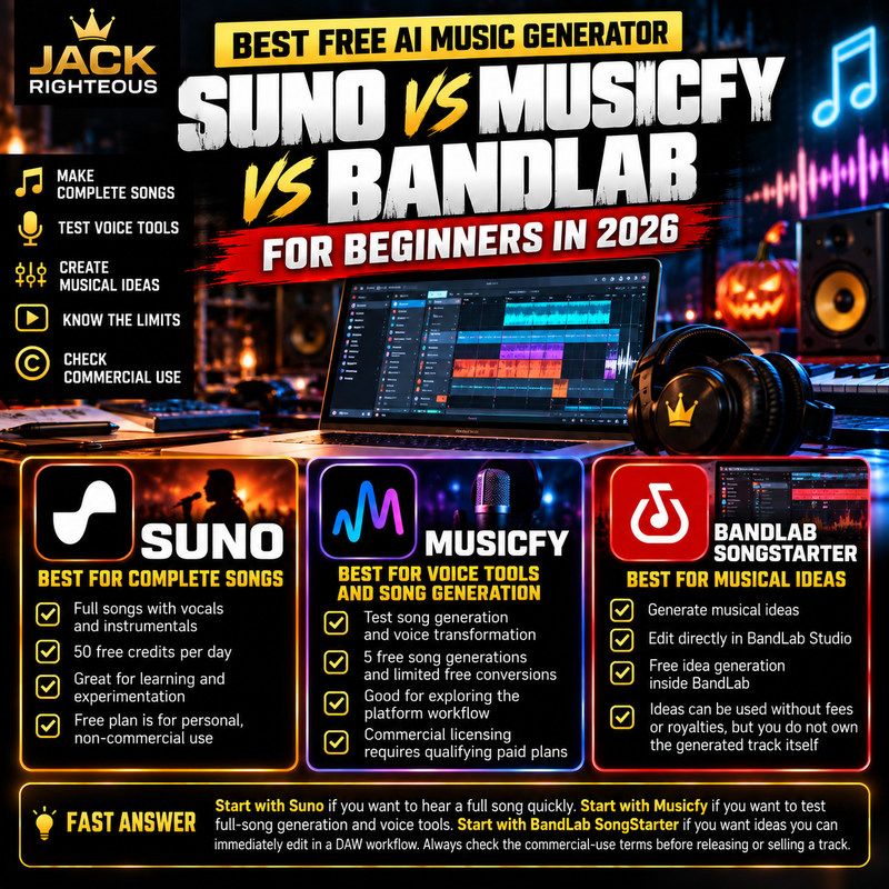 Jack Righteous comparison guide cover for beginner AI music creators choosing between Suno, Musicfy and BandLab in 2026.