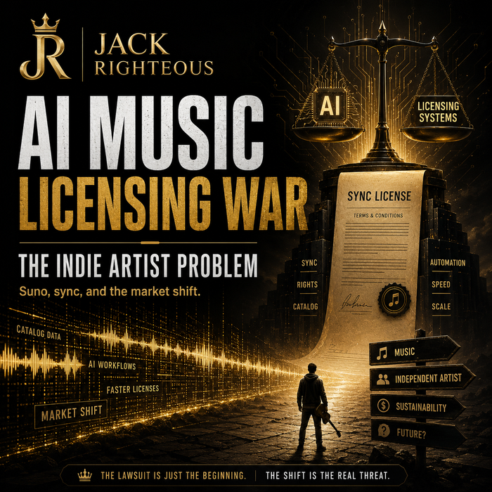 Promotional graphic for 'AI Music Licensing War' by Jack Righteous, featuring a silhouette of a person with a guitar and text about AI music licensing issues.