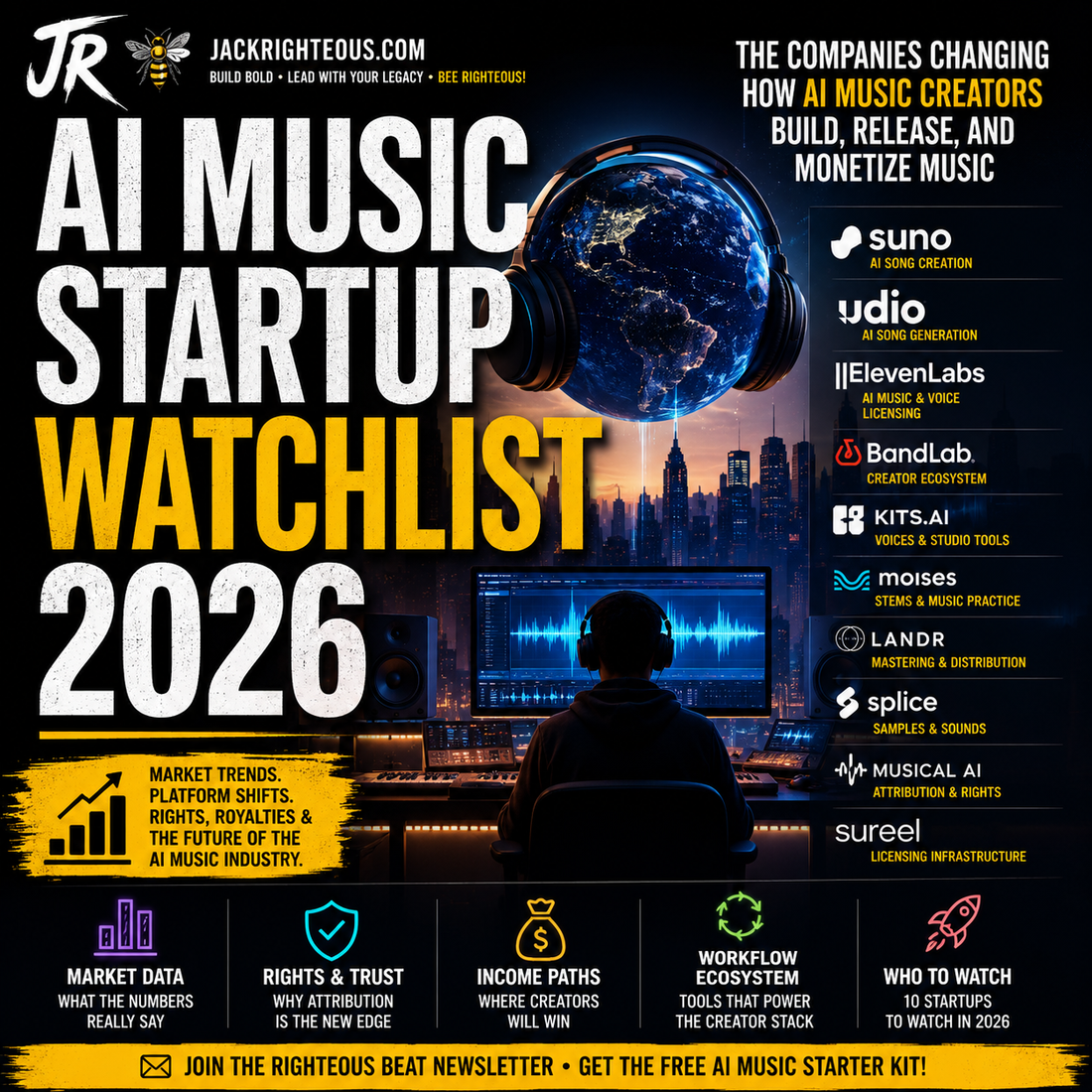 AI music startup watchlist cover showing creator tools, rights, revenue paths, and platforms in 2026