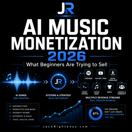 Promotional graphic for AI music monetization with JR logo and text about 2026 trends.