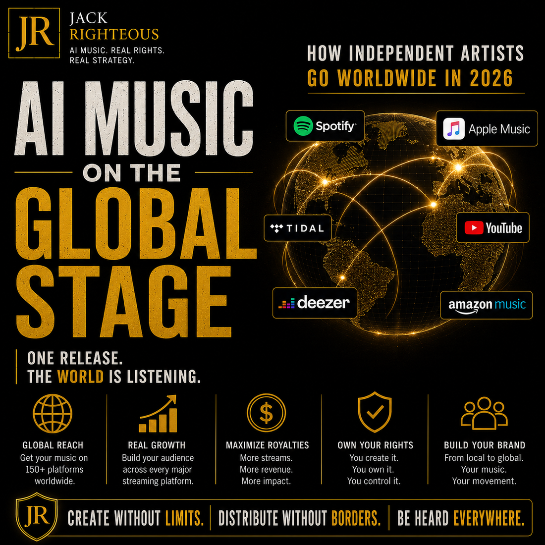 Promotional graphic for AI music rights and distribution services, featuring a world map and music platform logos.