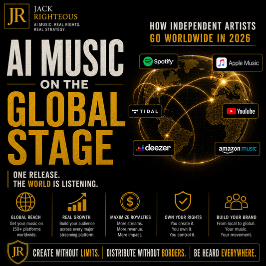 Promotional graphic for AI music rights and distribution services, featuring a world map and music platform logos.