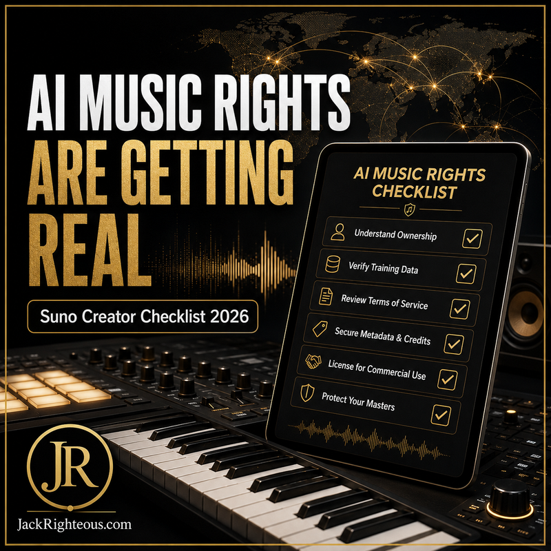 Promotional graphic for AI music rights with a checklist on a digital device, set against a music-themed background.