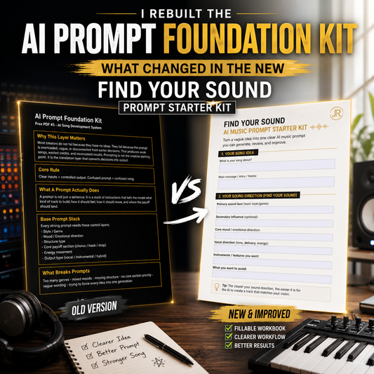 Comparison of old and new AI Prompt Foundation Kit with music equipment in the background