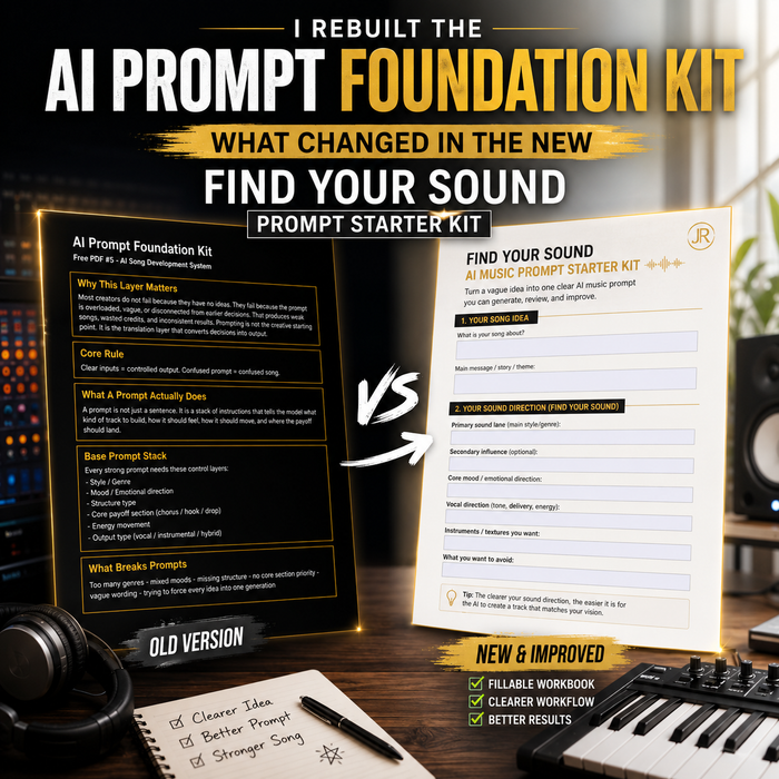 Comparison of old and new AI Prompt Foundation Kit with music equipment in the background