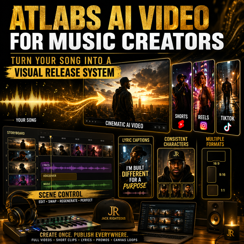 Promotional graphic for Atlabs AI Video for music creators with visual elements and text.