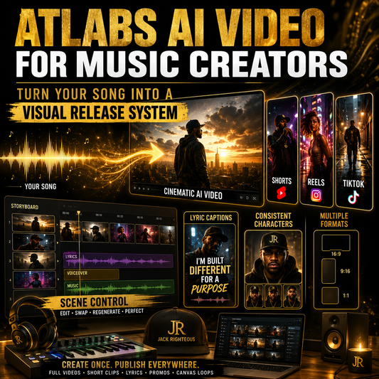 Promotional graphic for Atlabs AI Video for music creators with visual elements and text.