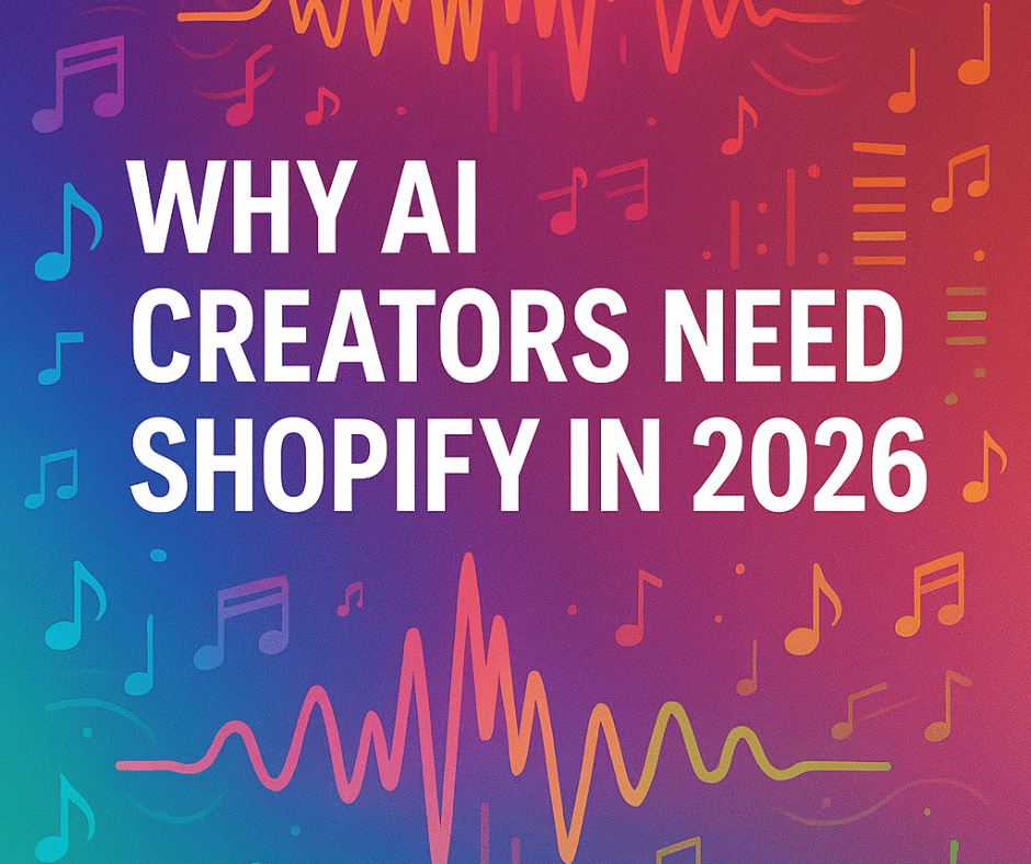 Bold cover image showing “Why AI Creators Need Shopify in 2026” with bright icons for music, ecommerce, and creator tools.