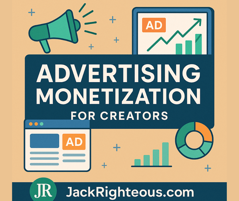 Cover showing advertising icons, charts, and JR branding promoting a guide on ad monetization for creators.