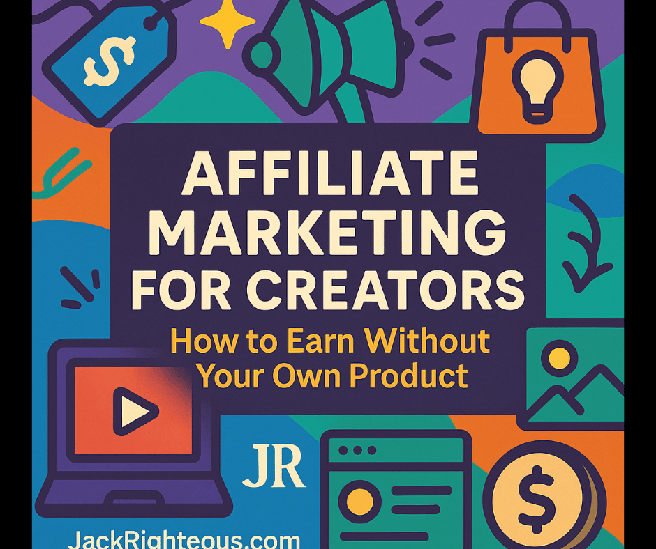 Affiliate marketing cover image with title, JR branding, and creator-themed icons on a bright illustrated background.