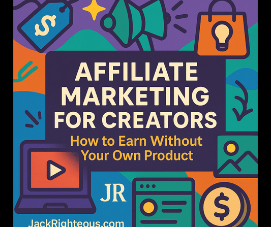 Affiliate marketing cover image with title, JR branding, and creator-themed icons on a bright illustrated background.