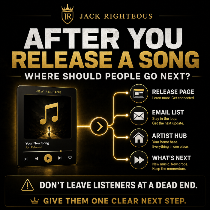 Promotional graphic for Jack Righteous with music player and navigation options on a dark background