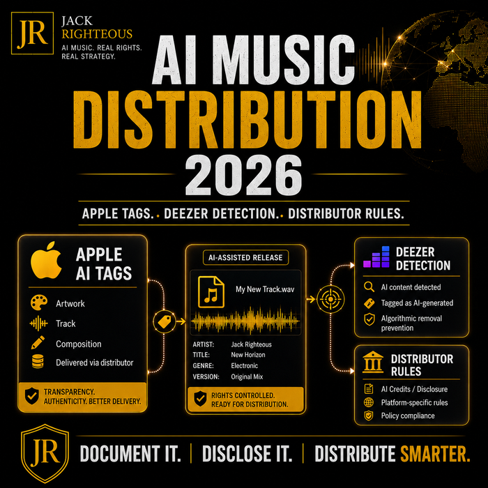 Infographic about AI music distribution in 2026 with Apple tags, Deezer detection, and distributor rules.