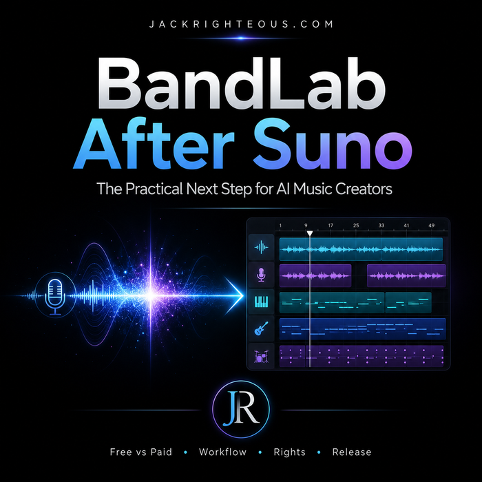 Promotional graphic for BandLab After Suno with software interface and branding elements.