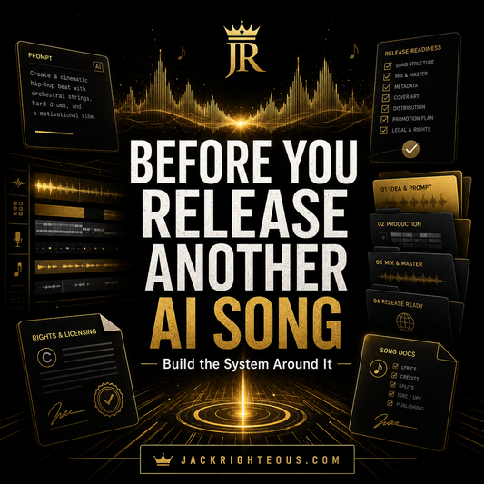Promotional graphic for 'Before You Release Another AI Song' with technical elements and branding.
