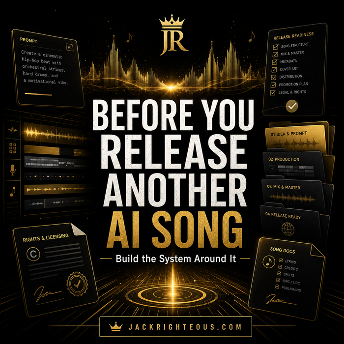 Promotional graphic for 'Before You Release Another AI Song' with technical elements and branding.