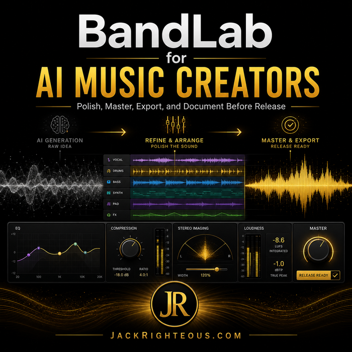 Promotional graphic for BandLab with audio editing software interface and branding elements.