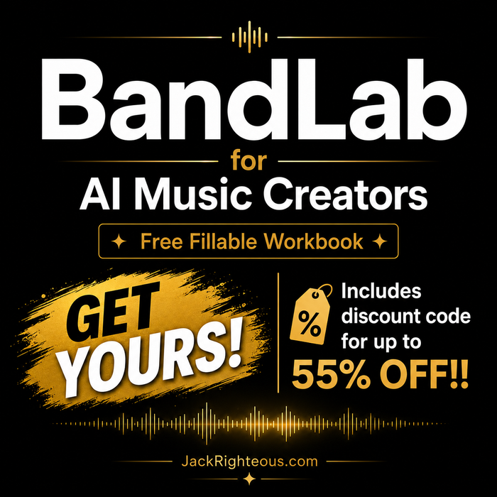 BandLab for AI Music Creators free workbook cover with gold waveform and discount callout.