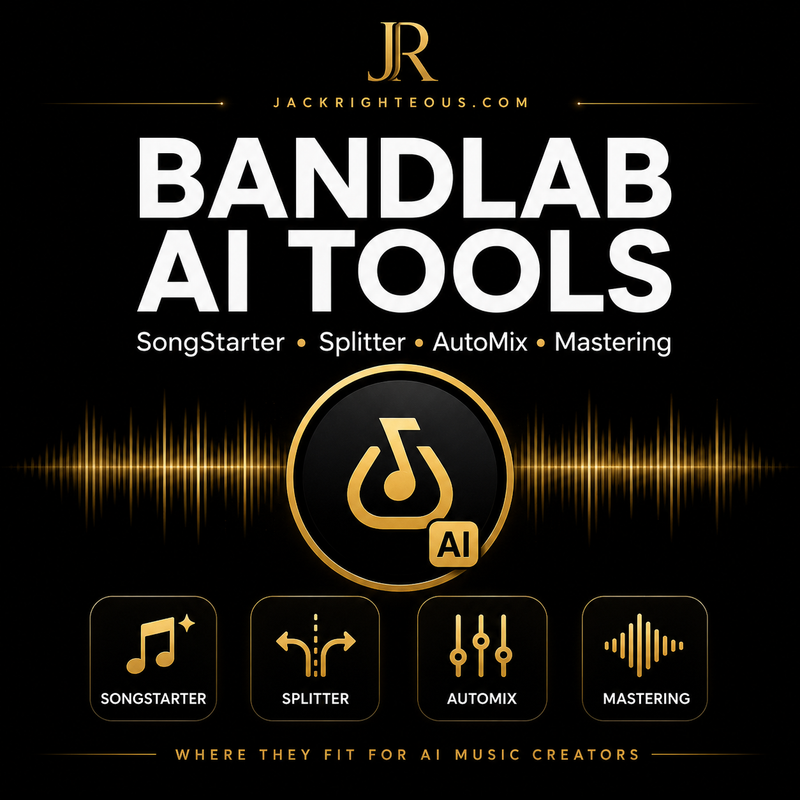 Promotional graphic for BandLab AI Tools with logo and features on a black background