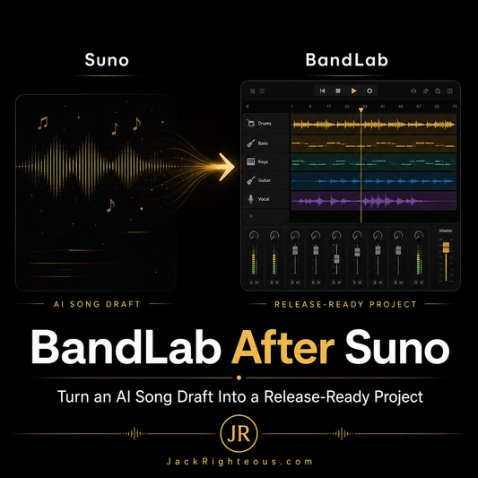 Promotional graphic for BandLab After Suno, featuring AI song draft and release-ready project elements.