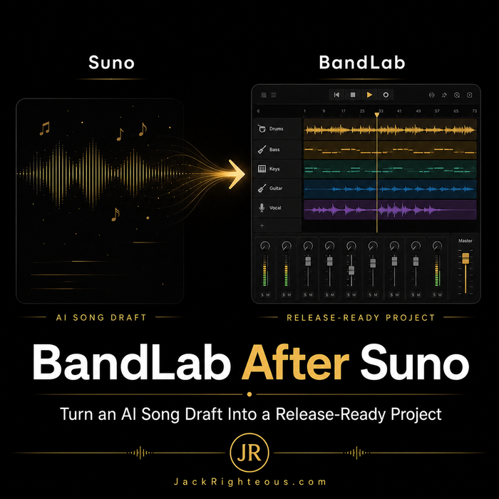Promotional graphic for BandLab After Suno, featuring AI song draft and release-ready project elements.