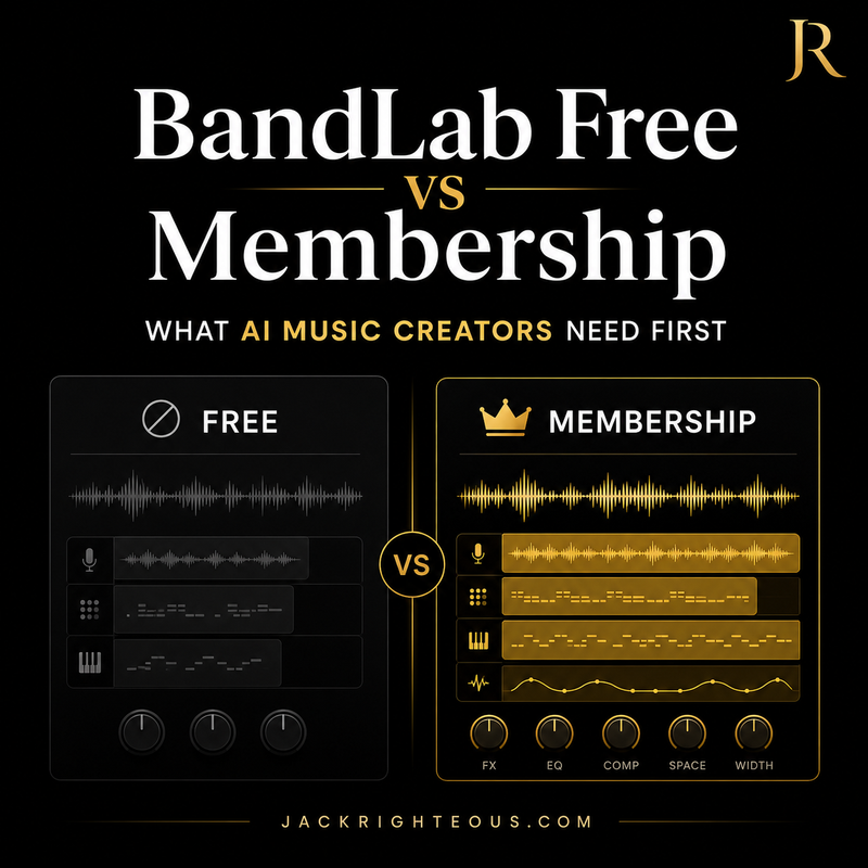 Comparison between BandLab Free and Membership plans for AI music creators on a black background.