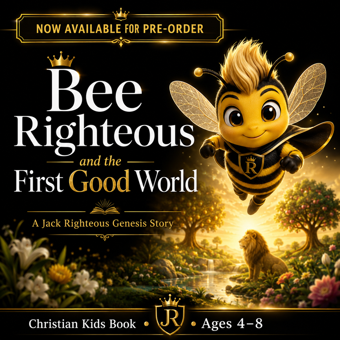 Bee Righteous and the First Good World preorder cover featuring Bee Righteous, a lion and the garden before the Fall