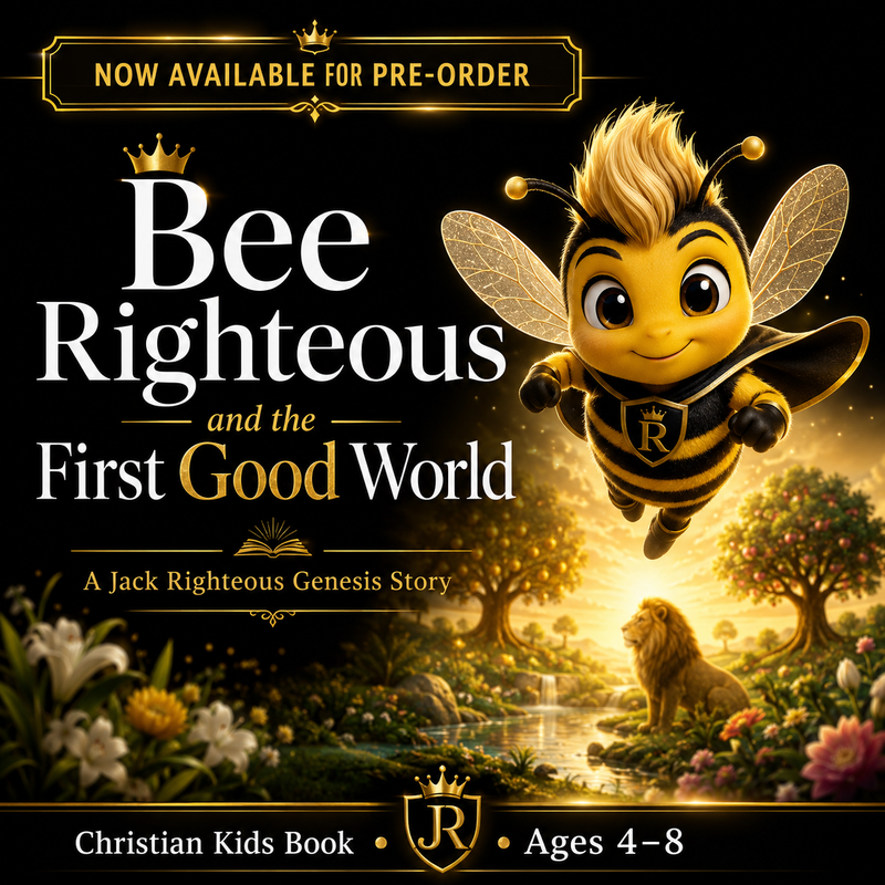 Bee Righteous and the First Good World preorder cover featuring Bee Righteous, a lion and the garden before the Fall