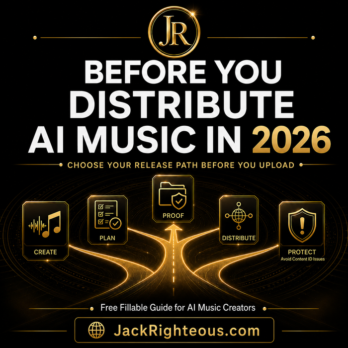 Promotional graphic for AI music distribution in 2026 with icons and text on a black background.