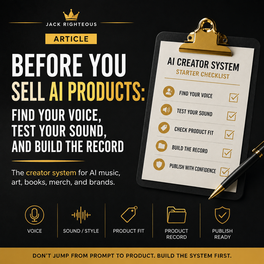 Promotional graphic for an AI creator system checklist with a clipboard and pen on a dark background.