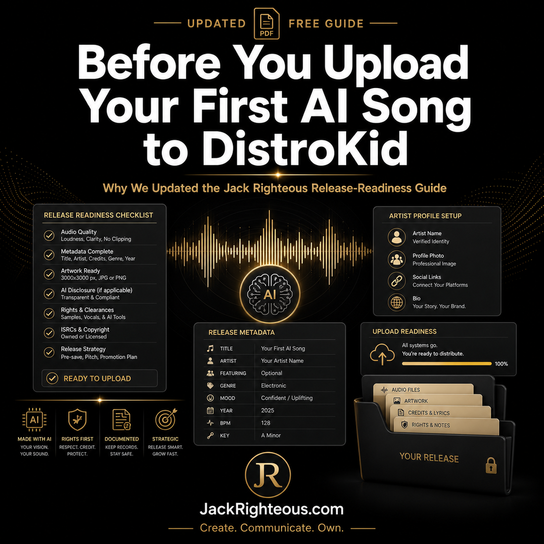 Guide for uploading an AI song to DistroKid with a black background and gold accents.