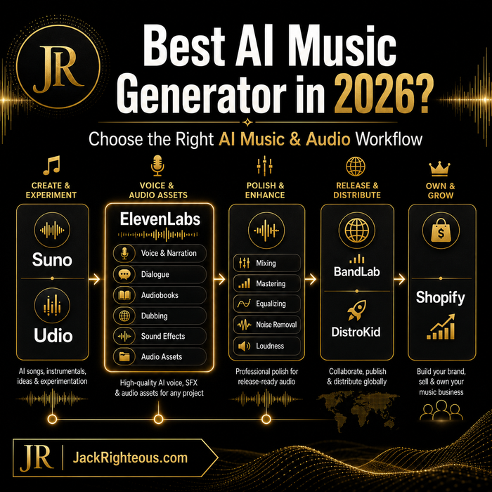JR branded AI music and audio workflow cover with Suno, ElevenLabs, BandLab, DistroKid, and Shopify