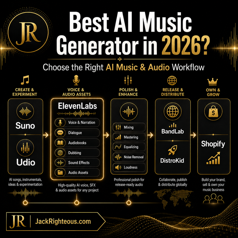 JR branded AI music and audio workflow cover with Suno, ElevenLabs, BandLab, DistroKid, and Shopify