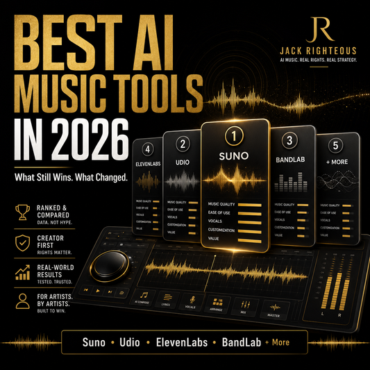AI music tools comparison graphic ranking Suno, Udio, ElevenLabs, BandLab, and more for creators in 2026.