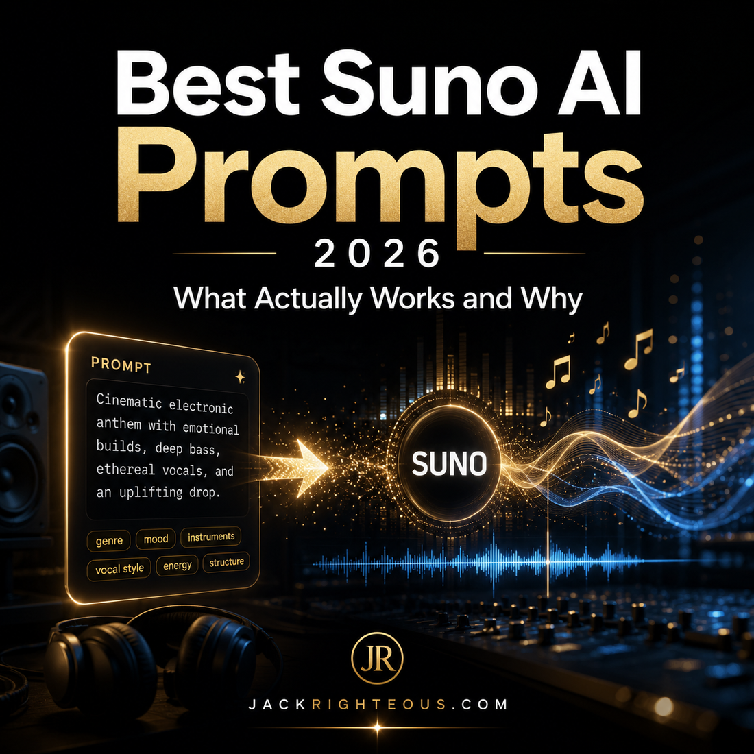 Promotional graphic for 'Best Suno AI Prompts 2026' with technical and branding elements.