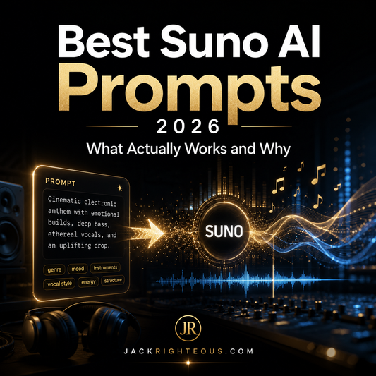 Promotional graphic for 'Best Suno AI Prompts 2026' with technical and branding elements.