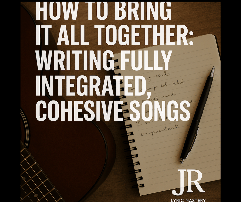 Cover image with notebook, guitar, pen, and the title “How to Write Fully Integrated, Cohesive Songs,” styled with JR branding.
