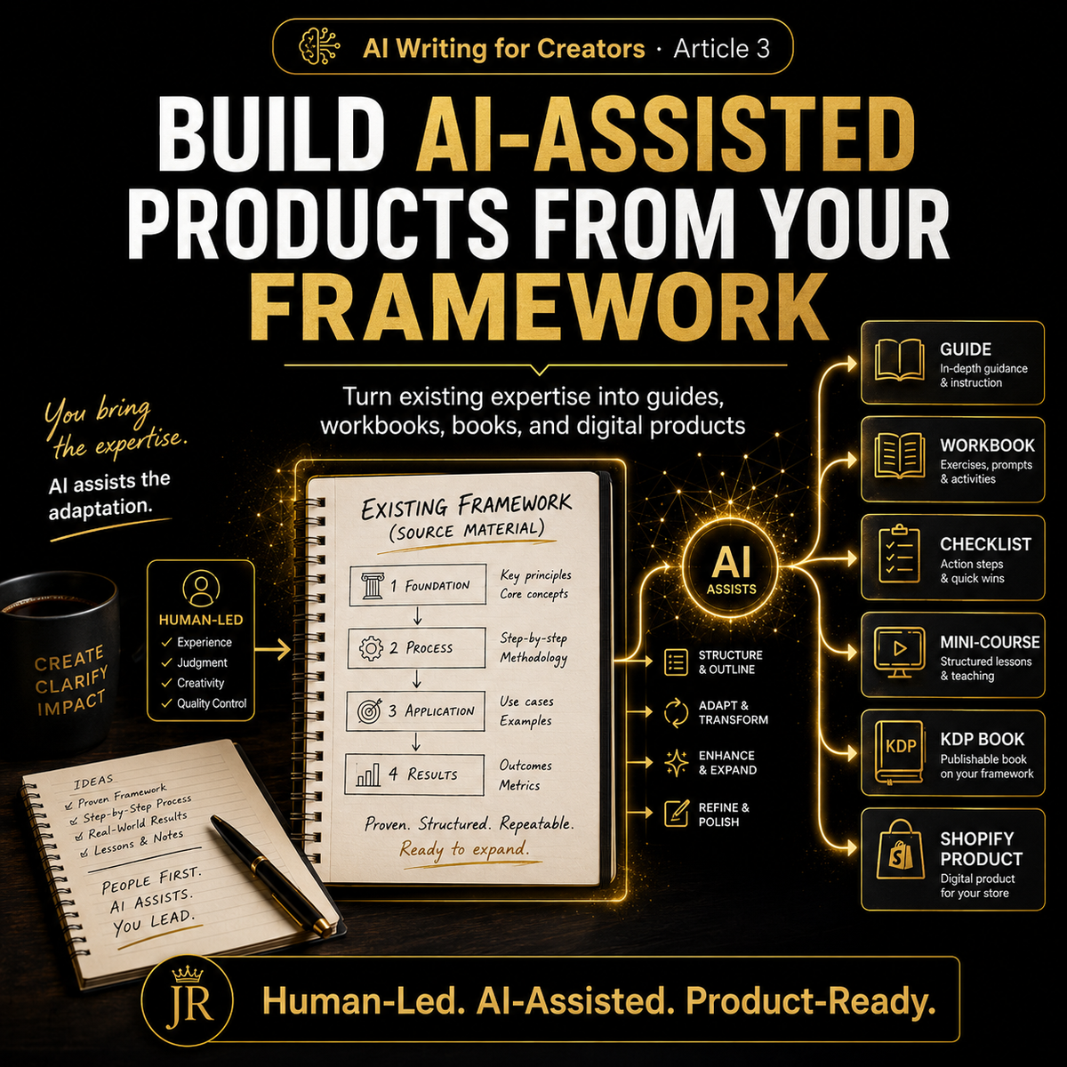 Promotional graphic for AI writing services with text and icons on a dark background