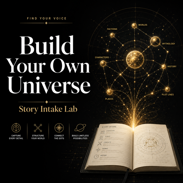 Promotional graphic for 'Build Your Own Universe' with an open book and celestial design.