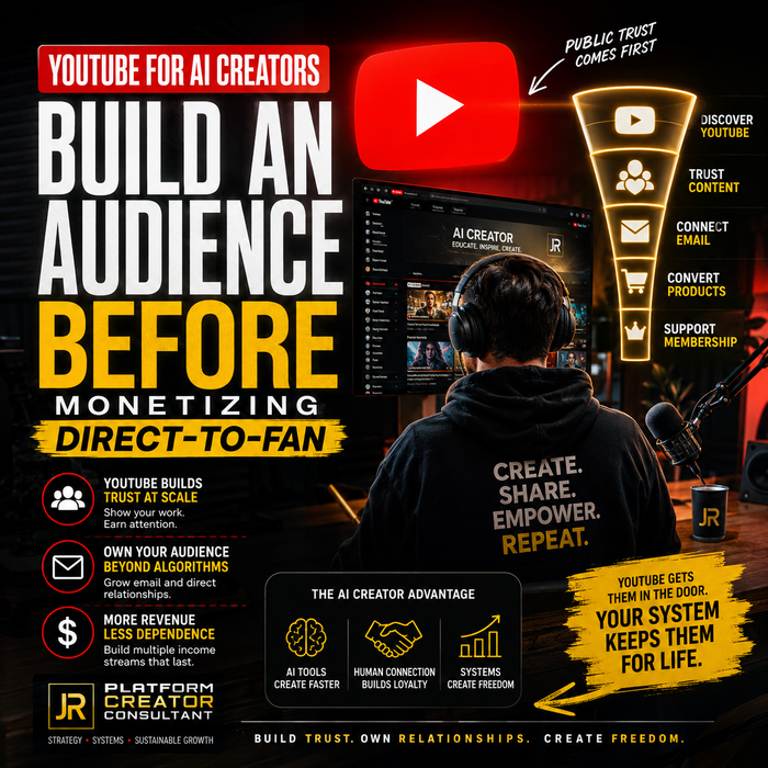 Promotional graphic for YouTube for AI creators, featuring a person in a studio with text about building an audience before monetizing.