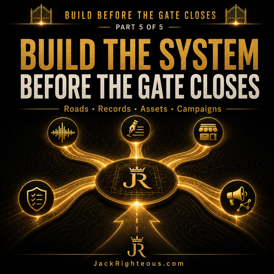 Promotional graphic for 'Build the System Before the Gate Closes' with icons and text on a dark background.