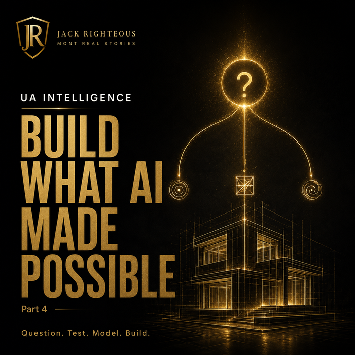 UA Intelligence graphic showing a question becoming a structured build system through AI, research, and disciplined creation.
