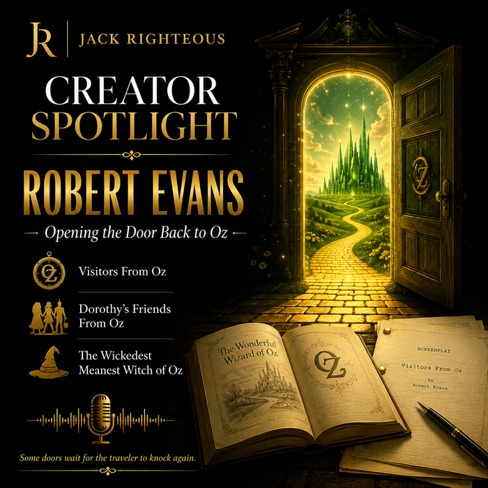 Promotional image for Jack Righteous' 'Creator Spotlight' featuring a door to Oz and an open book with 'The Wonderful Wizard of Oz' title.