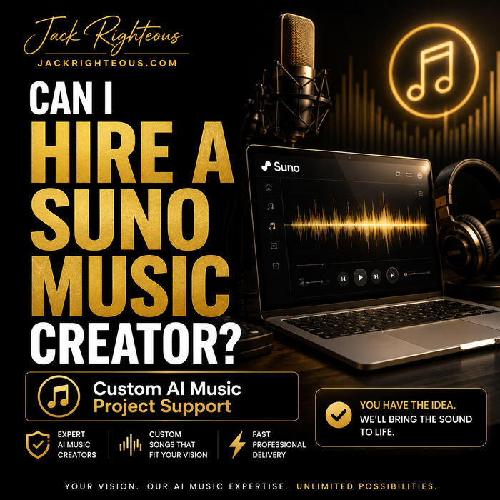 Promotional graphic for hiring a Suno music creator with laptop, microphone, and headphones on a dark background.