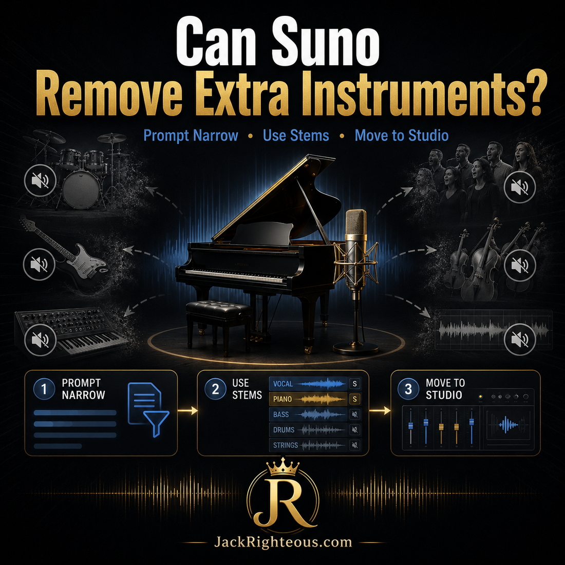 Suno extra instruments guide showing piano, microphone, stems, Studio workflow, and muted instruments