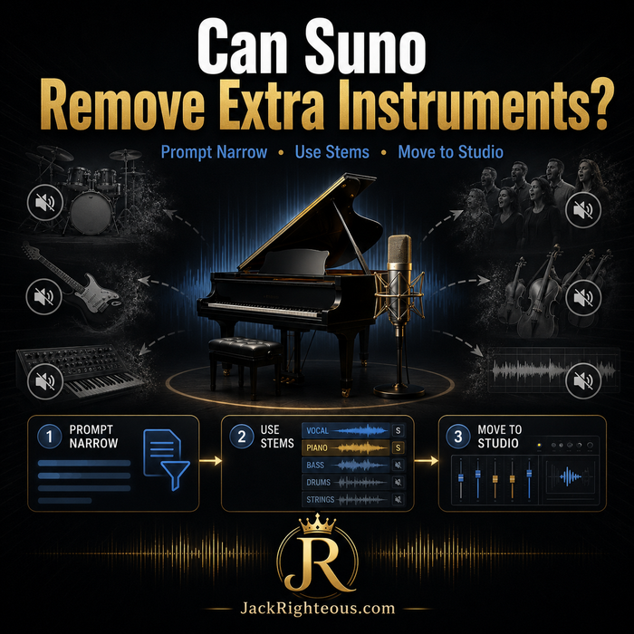 Suno extra instruments guide showing piano, microphone, stems, Studio workflow, and muted instruments