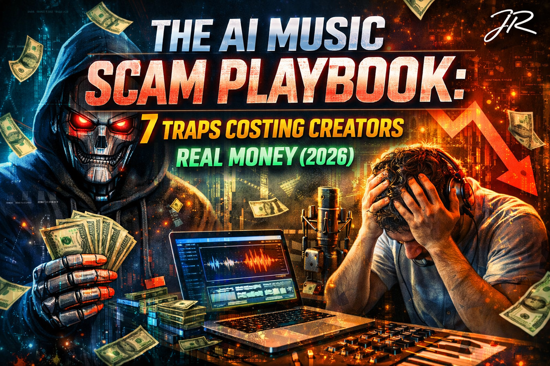 AI music creator overwhelmed by scam traps, fake growth, and money loss in a JR-branded 2026 warning cover image.